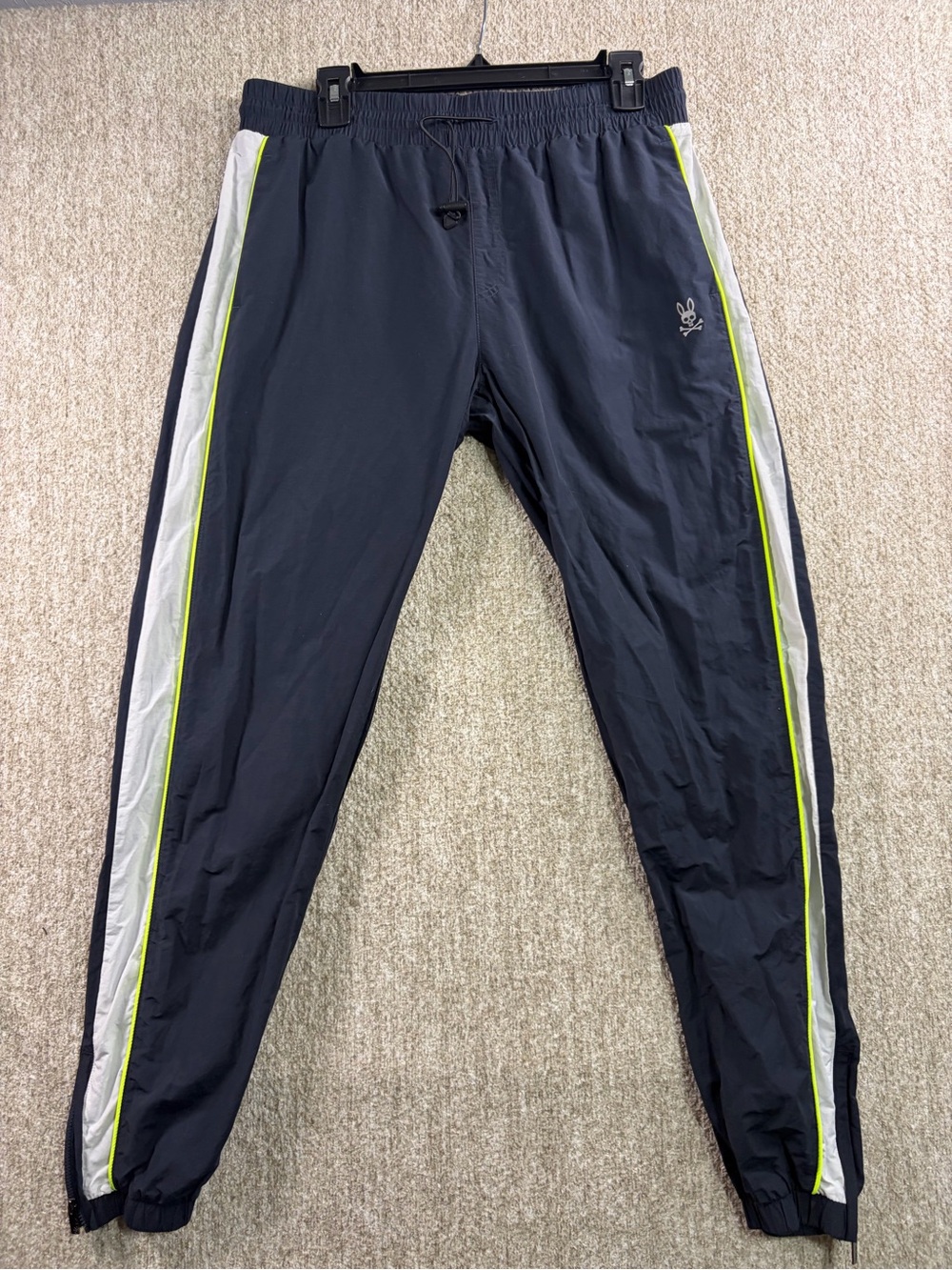 Psycho Bunny Navy Joggers with Gray Panels and Neon Yellow Piping